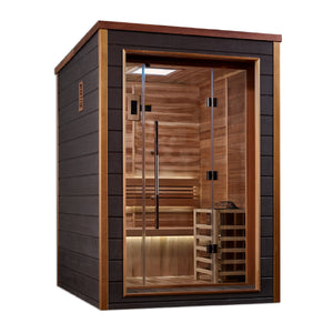 Golden Designs Narvik 2 Person Outdoor-Indoor Traditional Harvia Stove Sauna – Canadian Red Cedar Interior With Built in Speakers
