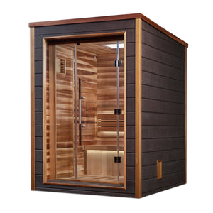 Golden Designs Narvik 2 Person Outdoor-Indoor Traditional Harvia Stove Sauna – Canadian Red Cedar Interior With Built in Speakers