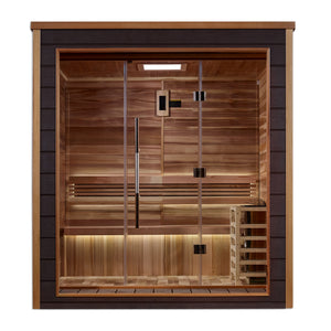 Golden Designs Drammen 3 Person Outdoor-Indoor Traditional Harvia Stove Sauna – Canadian Red Cedar Interior With Built in Speakers