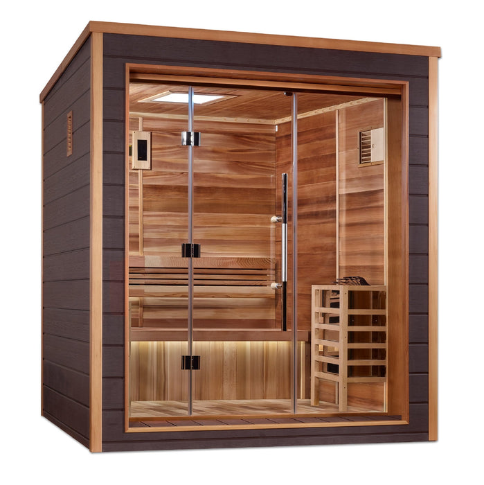 Golden Designs Drammen 3 Person Outdoor-Indoor Traditional Harvia Stove Sauna – Canadian Red Cedar Interior With Built in Speakers