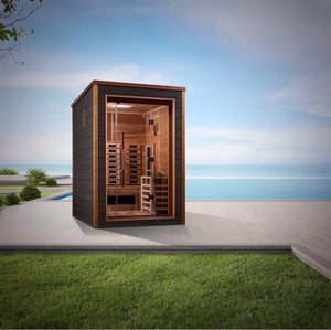 Golden Designs Nora 2 Person Outdoor-Indoor PureTech™ Traditional Harvia Stove and Full Spectrum Infrared (Hybrid) Sauna – Canadian Red Cedar Interior With Speakers