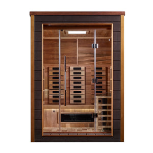 Golden Designs Nora 2 Person Outdoor-Indoor PureTech™ Traditional Harvia Stove and Full Spectrum Infrared (Hybrid) Sauna – Canadian Red Cedar Interior With Speakers