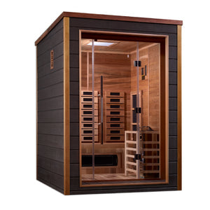 Golden Designs Nora 2 Person Outdoor-Indoor PureTech™ Traditional Harvia Stove and Full Spectrum Infrared (Hybrid) Sauna – Canadian Red Cedar Interior With Speakers