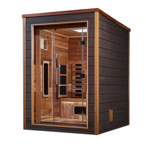 Golden Designs Nora 2 Person Outdoor-Indoor PureTech™ Traditional Harvia Stove and Full Spectrum Infrared (Hybrid) Sauna – Canadian Red Cedar Interior With Speakers