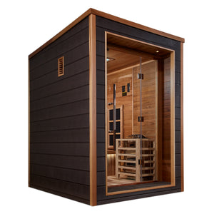 Golden Designs Nora 2 Person Outdoor-Indoor PureTech™ Traditional Harvia Stove and Full Spectrum Infrared (Hybrid) Sauna – Canadian Red Cedar Interior With Speakers