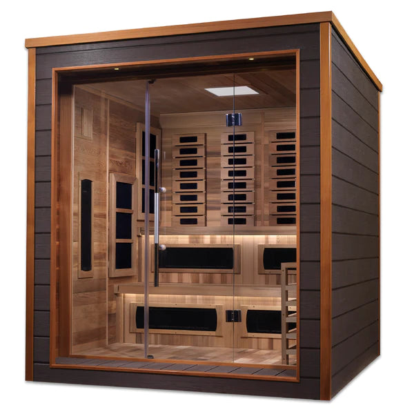 Golden Designs Karlstad 6 Person Outdoor-Indoor PureTech™ Full Spectrum Infrared and Traditional Harvia Stove Sauna (Hybrid)  – Canadian Red Cedar Interior With Speakers