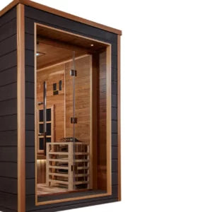 Golden Designs Karlstad 6 Person Outdoor-Indoor PureTech™ Full Spectrum Infrared and Traditional Harvia Stove Sauna (Hybrid)  – Canadian Red Cedar Interior With Speakers