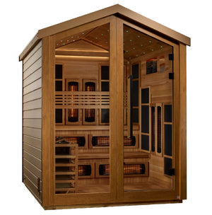 Golden Designs Kaskinen Barn 6 Person Outdoor PureTech™ Full Spectrum Infrared and Traditional Harvia Stove Sauna (Hybrid) – Canadian Red Cedar Interior With Speakers