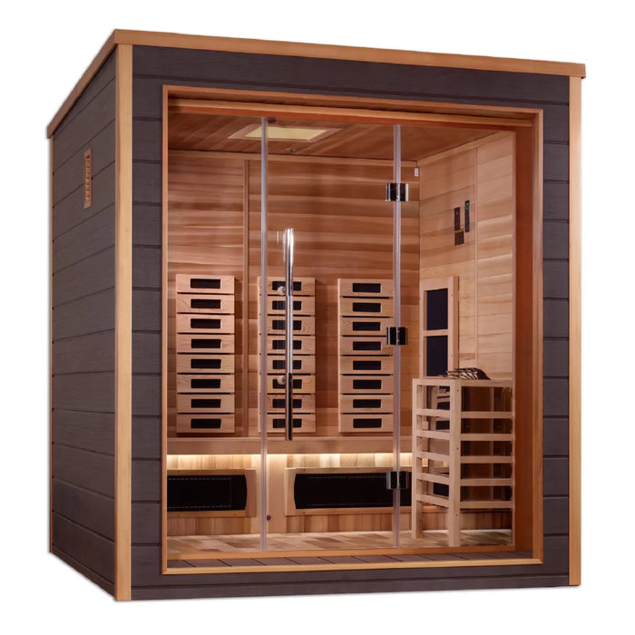 Golden Designs Visby 3 Person Outdoor-Indoor PureTech™ Full Spectrum Infrared - Traditional Harvia Stove (Hybrid ) Sauna – Canadian Red Cedar with Built in Speakers