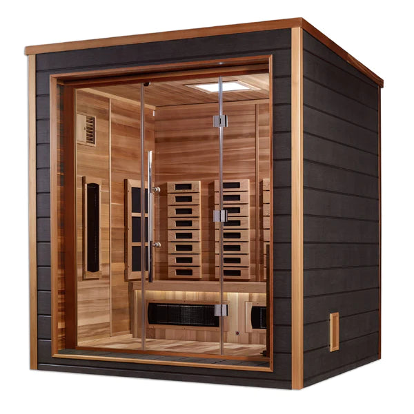 Golden Designs Visby 3 Person Outdoor-Indoor PureTech™ Full Spectrum Infrared - Traditional Harvia Stove (Hybrid ) Sauna – Canadian Red Cedar with Built in Speakers
