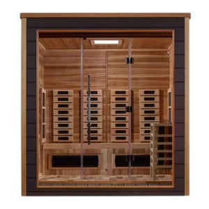 Golden Designs Visby 3 Person Outdoor-Indoor PureTech™ Full Spectrum Infrared - Traditional Harvia Stove (Hybrid ) Sauna – Canadian Red Cedar with Built in Speakers