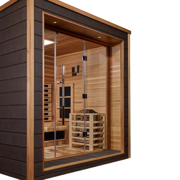 Golden Designs Visby 3 Person Outdoor-Indoor PureTech™ Full Spectrum Infrared - Traditional Harvia Stove (Hybrid ) Sauna – Canadian Red Cedar with Built in Speakers