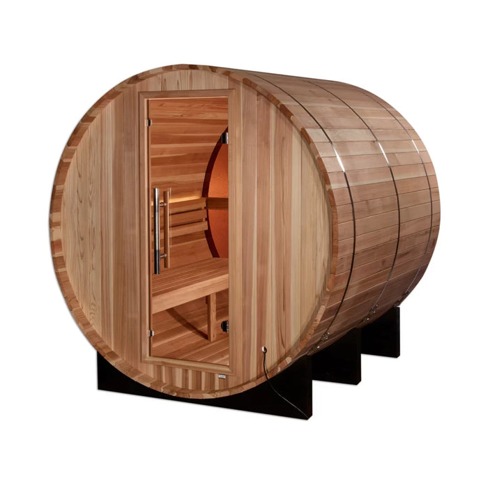 Golden Designs Zurich 4 Person Barrel Sauna with Bronze Privacy View – Traditional Harvia Stove – Pacific Cedar