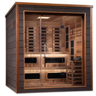 Golden Designs Karlstad 6 Person Outdoor-Indoor PureTech™ Full Spectrum Infrared and Traditional Harvia Stove Sauna (Hybrid)  – Canadian Red Cedar Interior With Speakers