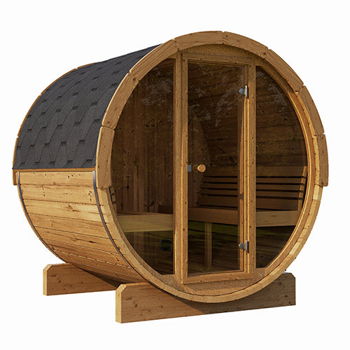 SaunaLife E7G ERGO Series 4-Person Traditional Barrel Sauna with Front Glass