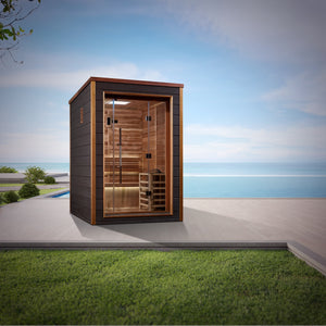 Golden Designs Narvik 2 Person Outdoor-Indoor Traditional Harvia Stove Sauna – Canadian Red Cedar Interior With Built in Speakers