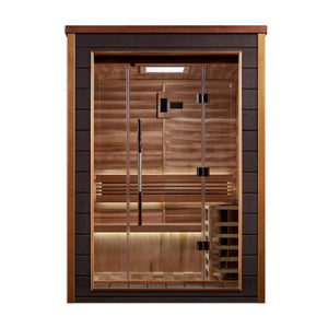 Golden Designs Narvik 2 Person Outdoor-Indoor Traditional Harvia Stove Sauna – Canadian Red Cedar Interior With Built in Speakers