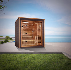 Golden Designs Drammen 3 Person Outdoor-Indoor Traditional Harvia Stove Sauna – Canadian Red Cedar Interior With Built in Speakers