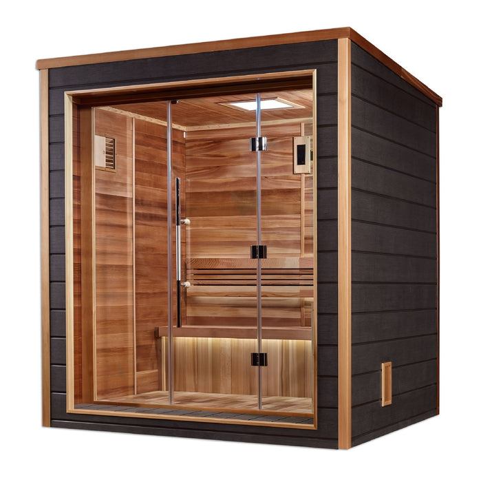 Golden Designs Drammen 3 Person Outdoor-Indoor Traditional Harvia Stove Sauna – Canadian Red Cedar Interior With Built in Speakers