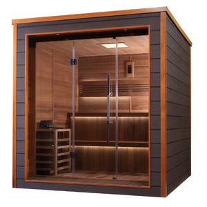 Golden Designs Bergen 6 Person Outdoor-Indoor Traditional Harvia Stove Sauna – Canadian Red Cedar Interior with Built in Speakers