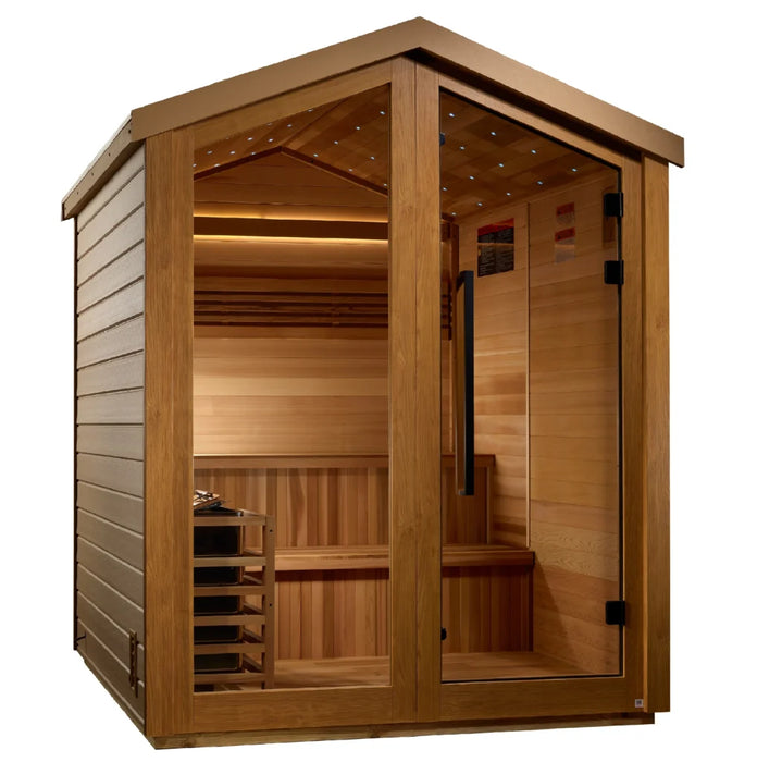 Golden Designs Kaarina 6 Person Outdoor Traditional Harvia Stove Sauna – Canadian Red Cedar Interior With Built in Speakers