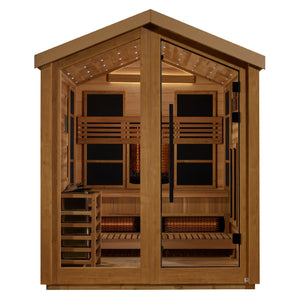 Golden Designs Loviisa 3 Person Barn Outdoor Full Spectrum Infrared - Traditional Harvia Stove (Hybrid) Sauna – Canadian Red Cedar Interior With Speakers