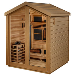 Golden Designs Loviisa 3 Person Barn Outdoor Full Spectrum Infrared - Traditional Harvia Stove (Hybrid) Sauna – Canadian Red Cedar Interior With Speakers