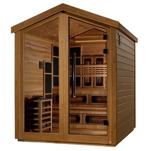 Golden Designs Kaskinen Barn 6 Person Outdoor PureTech™ Full Spectrum Infrared and Traditional Harvia Stove Sauna (Hybrid) – Canadian Red Cedar Interior With Speakers