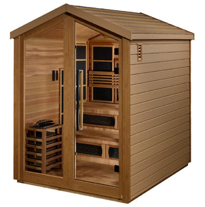 Golden Designs Kaskinen Barn 6 Person Outdoor PureTech™ Full Spectrum Infrared and Traditional Harvia Stove Sauna (Hybrid) – Canadian Red Cedar Interior With Speakers