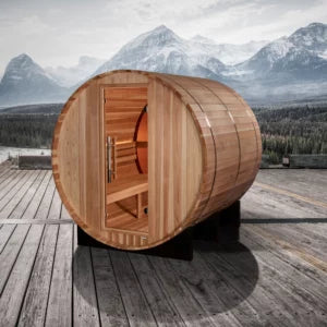 Golden Designs Zurich 4 Person Barrel Sauna with Bronze Privacy View – Traditional Harvia Stove – Pacific Cedar