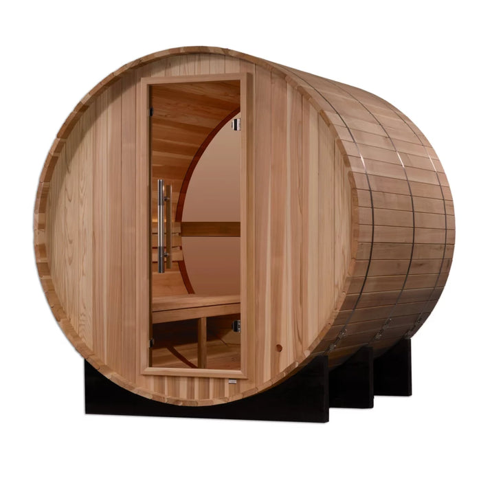 Golden Designs Zurich 4 Person Barrel Sauna with Bronze Privacy View – Traditional Harvia Stove – Pacific Cedar