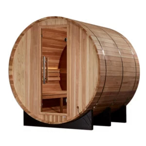 Golden Designs Zurich 4 Person Barrel Sauna with Bronze Privacy View – Traditional Harvia Stove – Pacific Cedar
