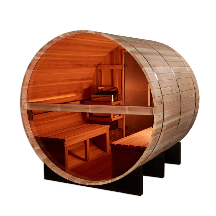 Golden Designs Zurich 4 Person Barrel Sauna with Bronze Privacy View – Traditional Harvia Stove – Pacific Cedar