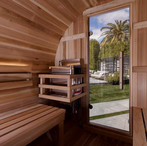 Golden Designs Zurich 4 Person Barrel Sauna with Bronze Privacy View – Traditional Harvia Stove – Pacific Cedar