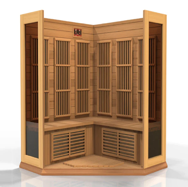 Maxxus "Avignon" 3 Person Corner Unit Near Zero EMF FAR IR Canadian Red Cedar Sauna with built in speakers